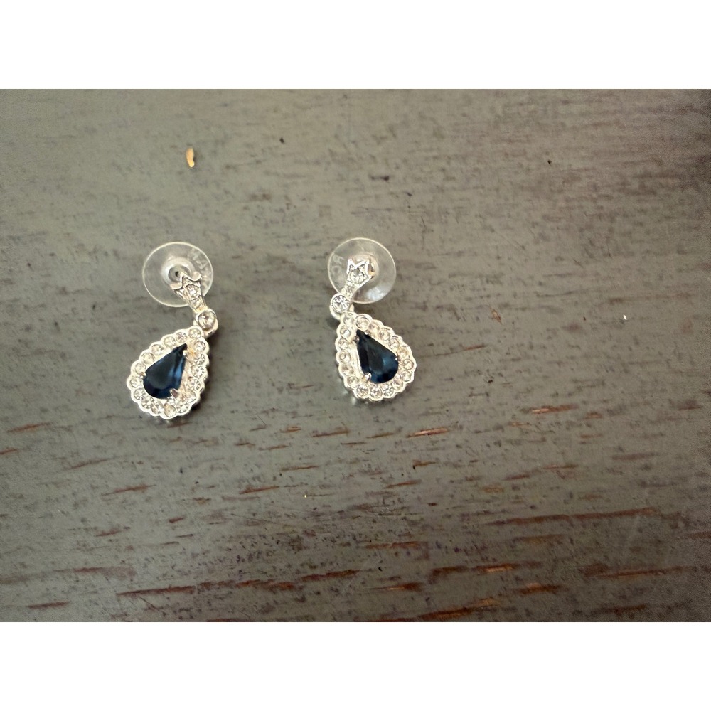 Roman Silver Tone Blue Faux Sapphire Crystal Teardrop Halo Drop Earrings